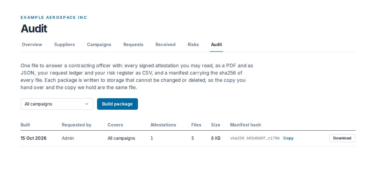 The Audit screen: what a package holds, the campaign choice and Build package, and one package built with its manifest hash and Download