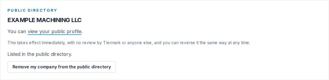 The Public directory box in Settings: the profile's address and Remove my company from the public directory