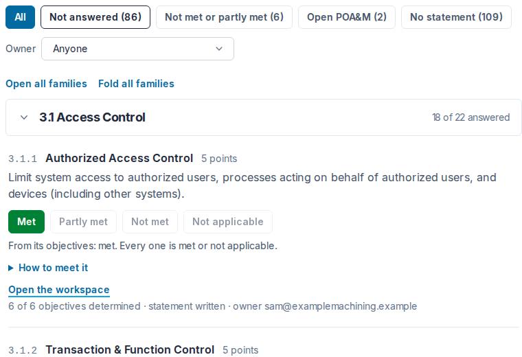 The filter buttons (All, Not answered, Not met or partly met, Open POA&M, No statement), the owner filter set to Anyone, and requirement 3.1.1 marked met, saying "From its objectives: met", with "Open the workspace" and "6 of 6 objectives determined, statement written, owner" under it