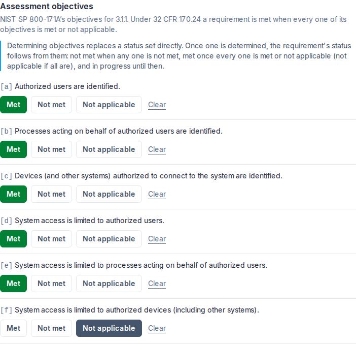 Requirement 3.1.1's six assessment objectives, a to f, each with Met, Not met, Not applicable and Clear; five are met and f is not applicable; above them, the note that determining objectives replaces a status set directly