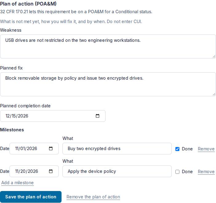 Requirement 3.1.21's plan of action: the line "32 CFR 170.21 lets this requirement be on a POA&M for a Conditional status", a weakness, a planned fix, a planned completion date of 15 December 2026, and two milestones, the first done