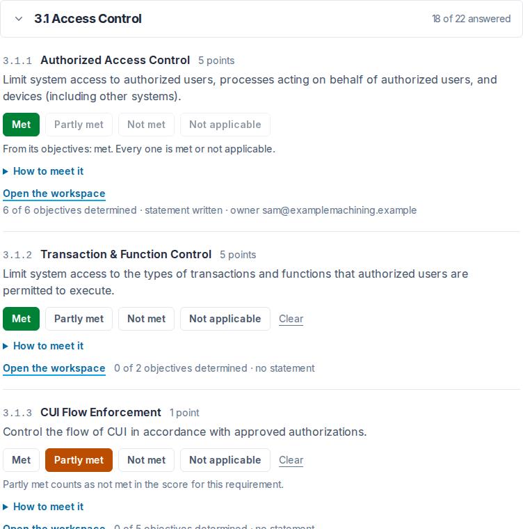 The first requirements of 3.1 Access Control, each with its points, its text, the four choices and How to meet it; 3.1.3 is partly met, which counts as not met