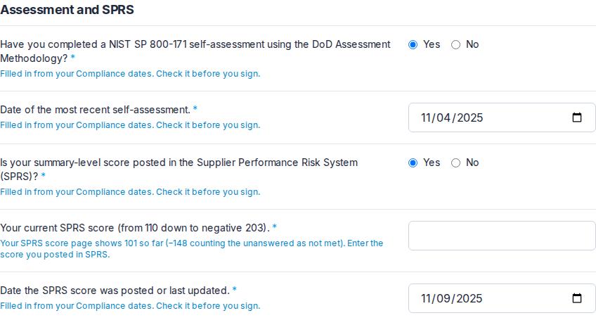 The questionnaire's Assessment and SPRS section: the assessment, its date, the posting and its date filled in from Compliance dates, each with a note; the SPRS score left empty with this page's score beside it