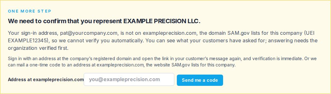 The console asking to confirm that you represent the company, with a box for an address at its registered website